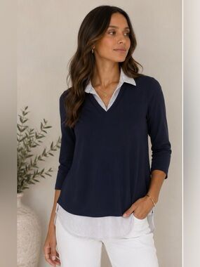 Adrianna Papell Navy V‑Neck Layered Tunic with Striped Collar